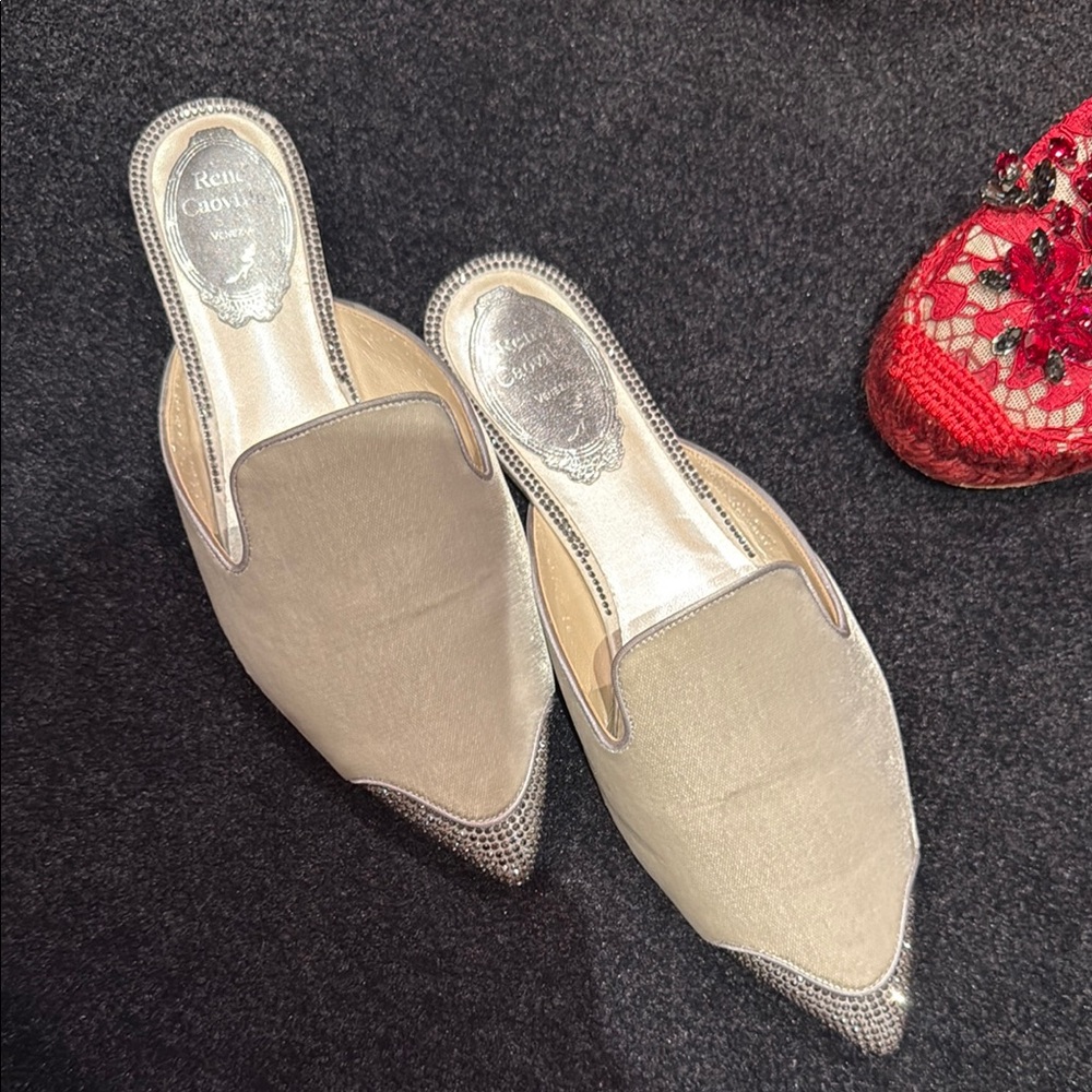 Rene Caovilla Silver Mules with Elegant Design